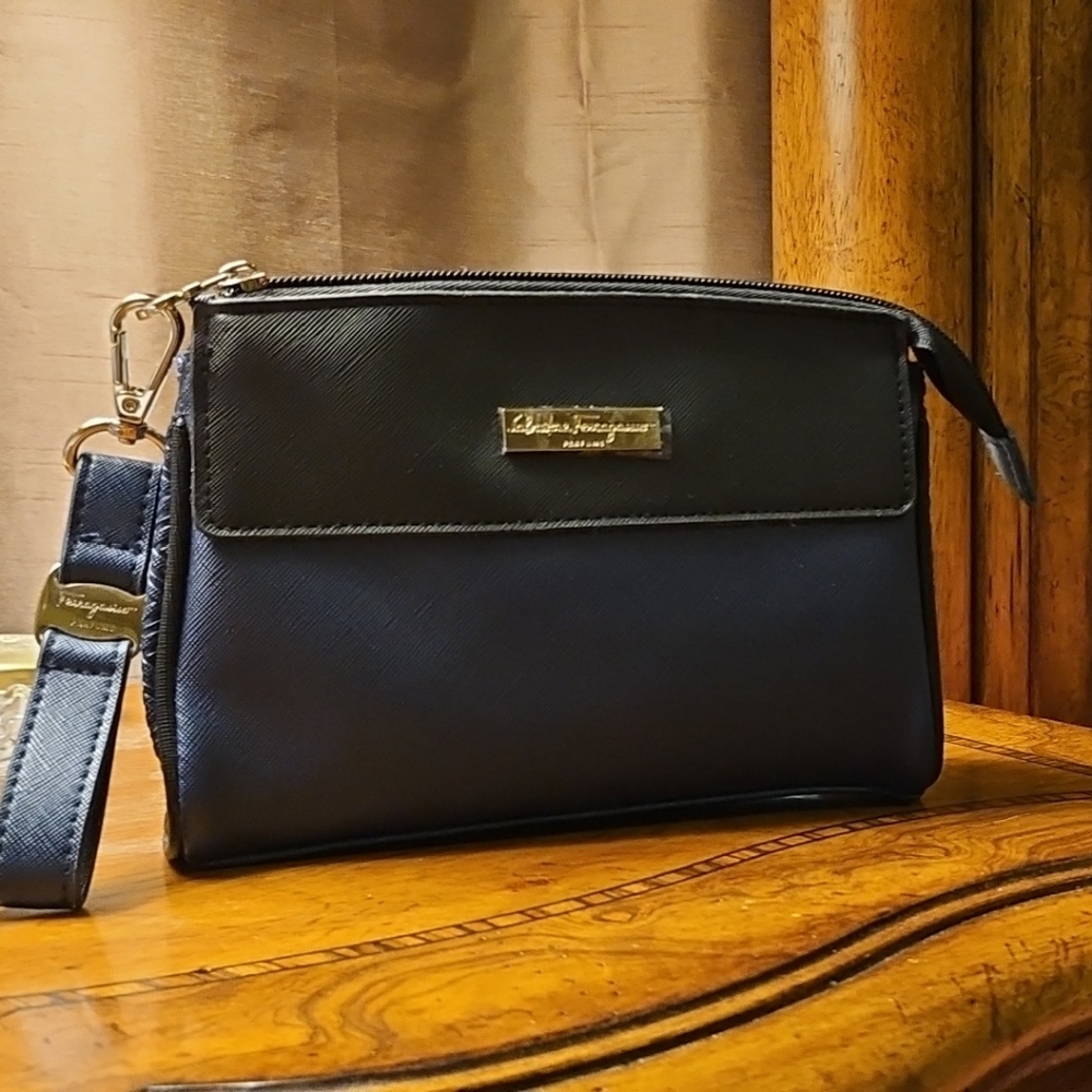 Salvatore Ferragamo Navy Blue Leather Clutch w/ travel amanities